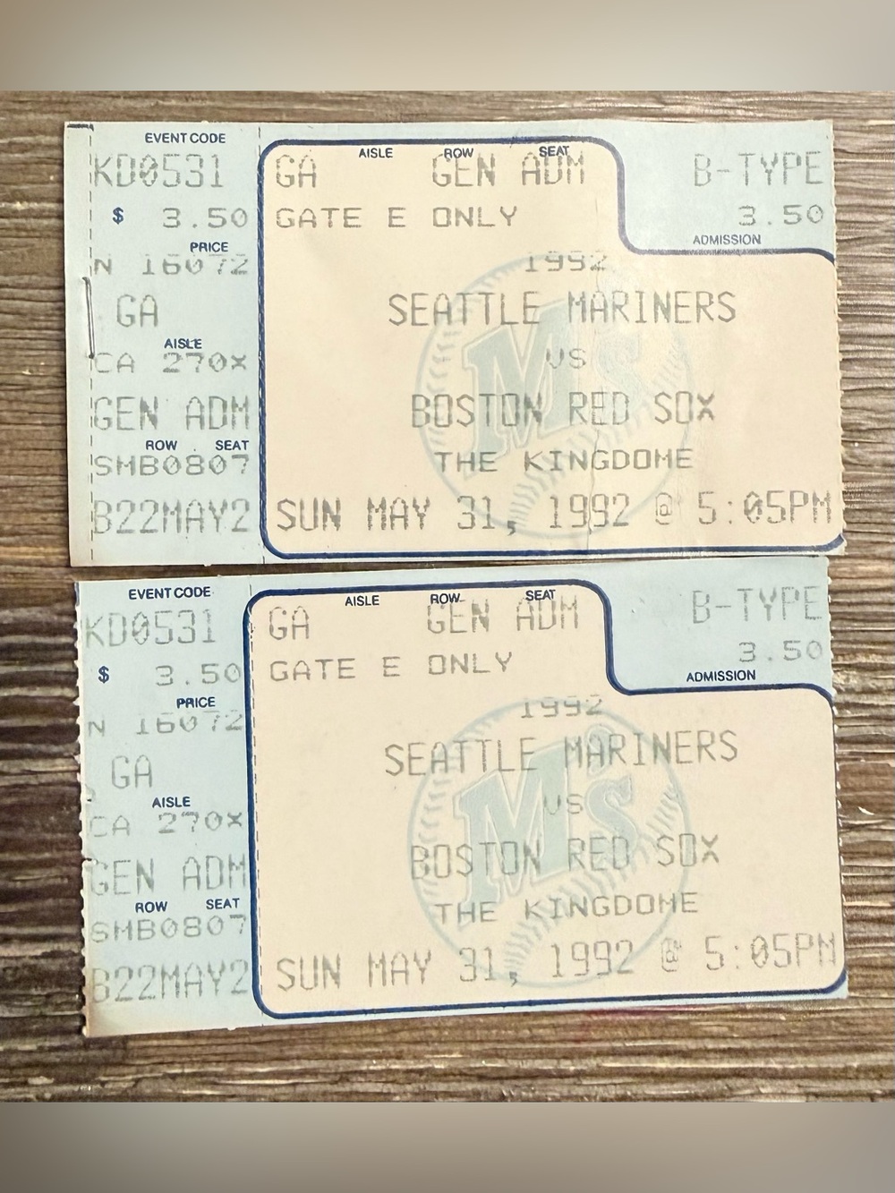 Seattle Mariners vs Boston Red Sox Vintage Tickets Stubs